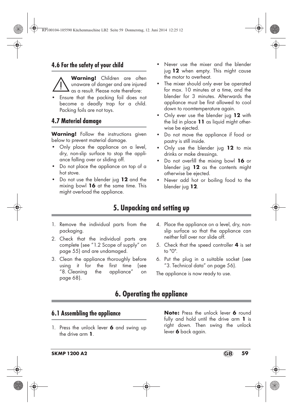 Unpacking and setting up, Operating the appliance, 6 for the safety of your child | 7 material damage, 1 assembling the appliance | Silvercrest SKMP 1200 A2 User Manual | Page 61 / 74