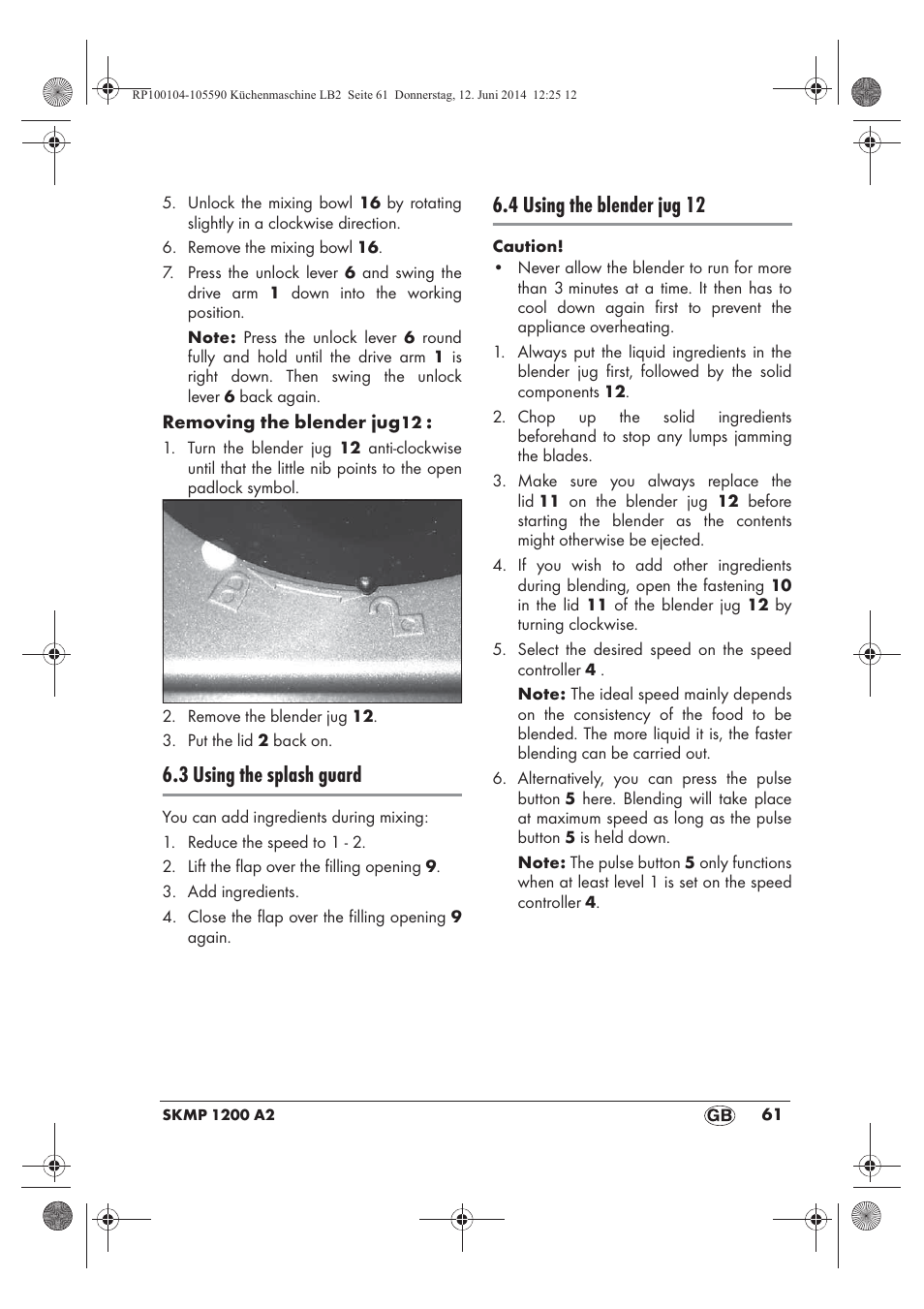 3 using the splash guard, 4 using the blender jug 12 | Silvercrest SKMP 1200 A2 User Manual | Page 63 / 74