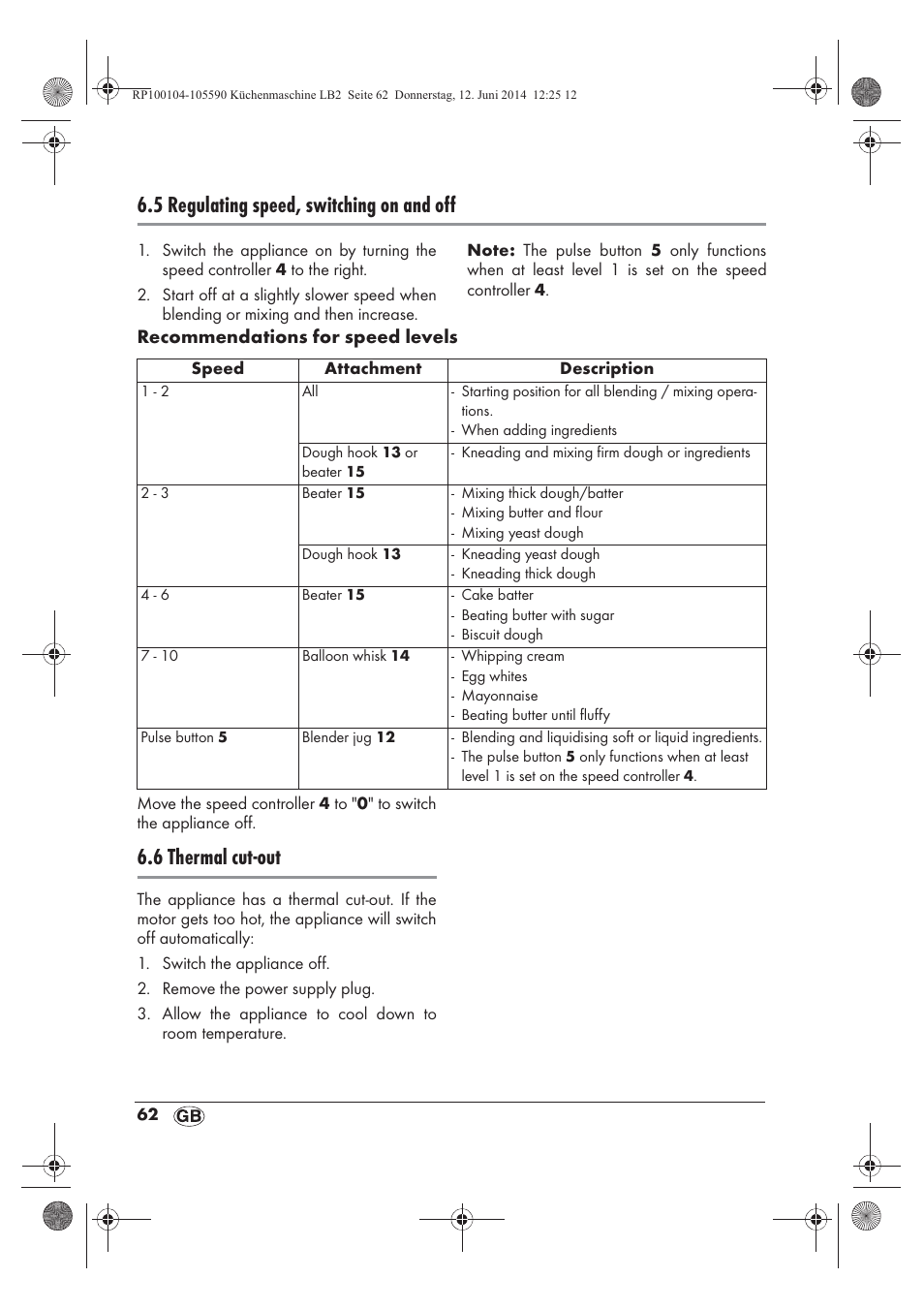 5 regulating speed, switching on and off, 6 thermal cut-out | Silvercrest SKMP 1200 A2 User Manual | Page 64 / 74