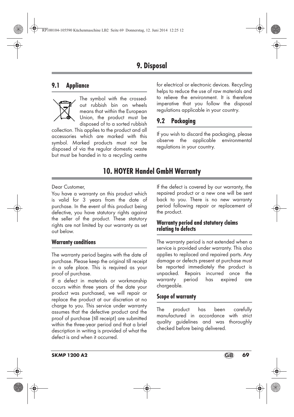 Disposal, Hoyer handel gmbh warranty | Silvercrest SKMP 1200 A2 User Manual | Page 71 / 74