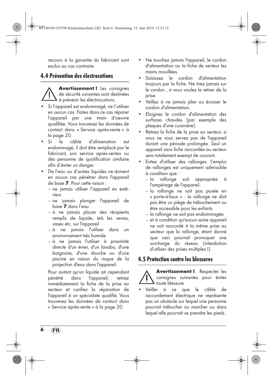 4 prévention des électrocutions, 5 protection contre les blessures | Silvercrest SKMP 1200 A2 User Manual | Page 8 / 74