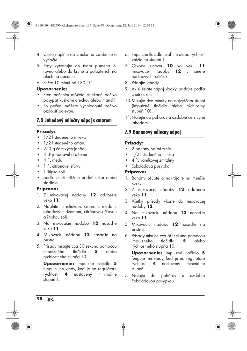 8 jahodový mliečny nápoj s cmarom, 9 banánový mliečny nápoj | Silvercrest SKMP 1200 A2 User Manual | Page 100 / 122