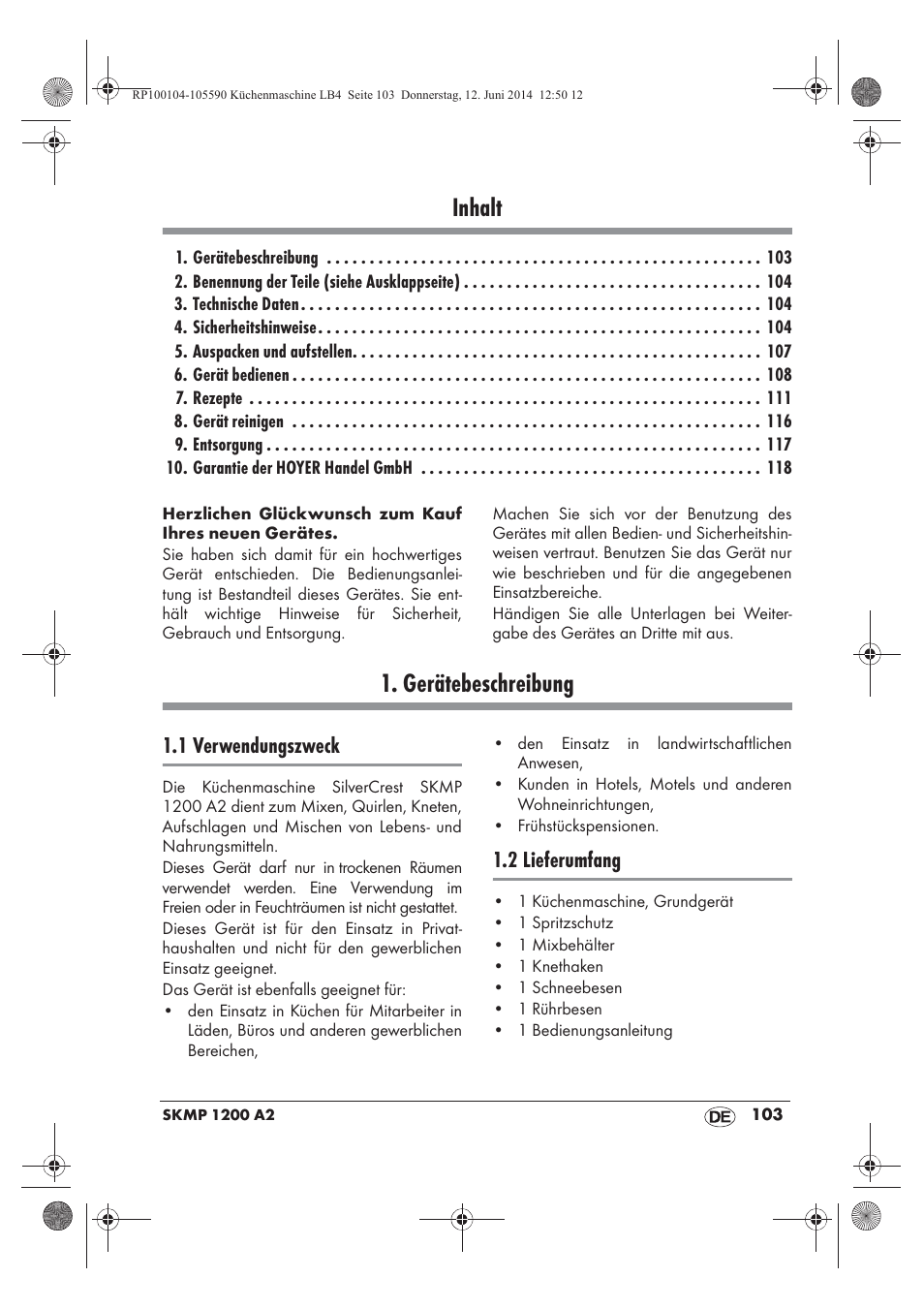 Inhalt, Gerätebeschreibung, 1 verwendungszweck | 2 lieferumfang | Silvercrest SKMP 1200 A2 User Manual | Page 105 / 122