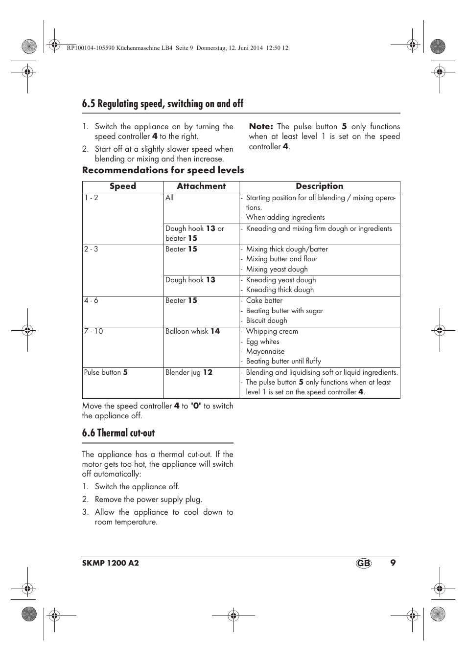 5 regulating speed, switching on and off, 6 thermal cut-out | Silvercrest SKMP 1200 A2 User Manual | Page 11 / 122