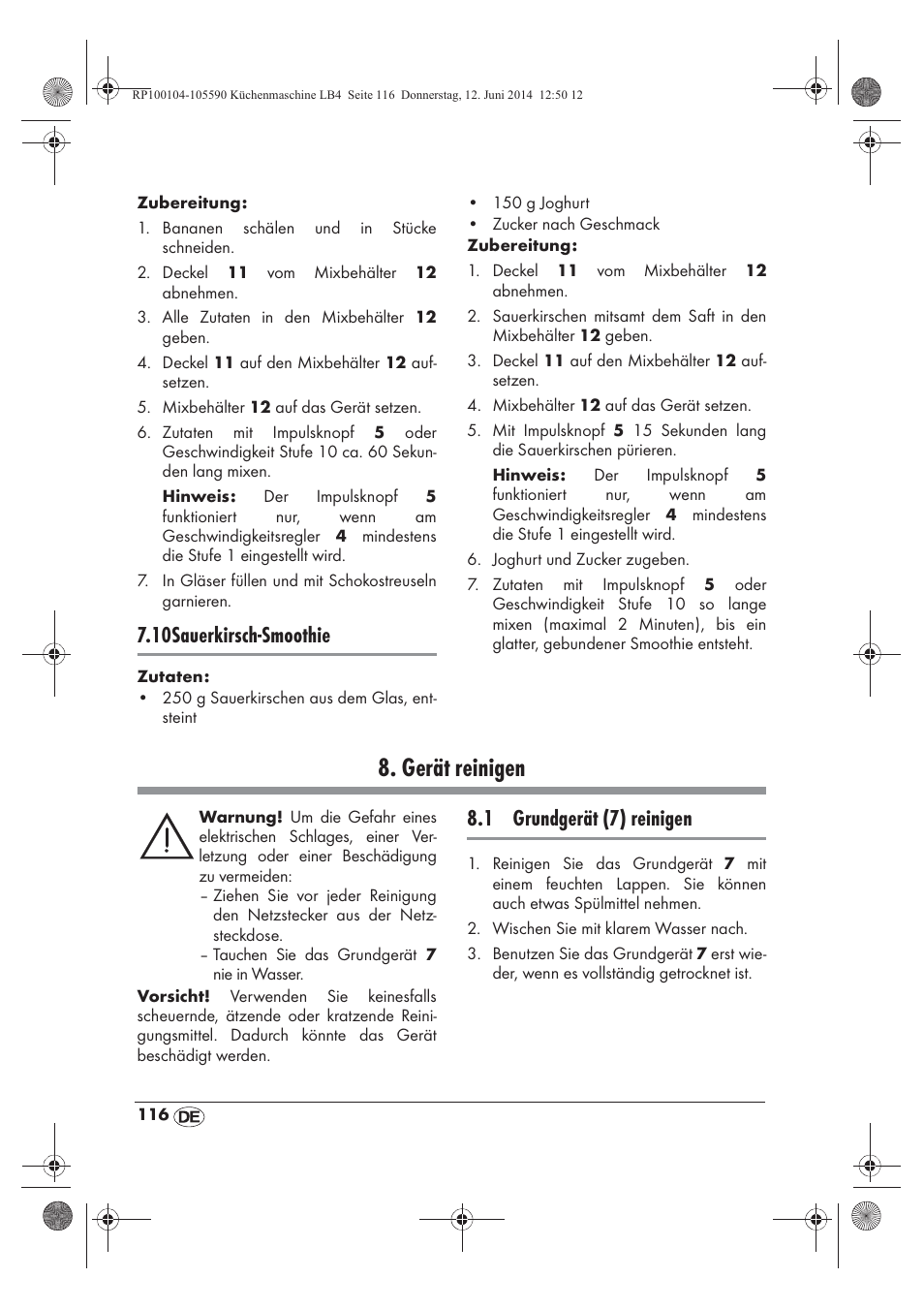 Gerät reinigen, 10sauerkirsch-smoothie, 1 grundgerät (7) reinigen | Silvercrest SKMP 1200 A2 User Manual | Page 118 / 122