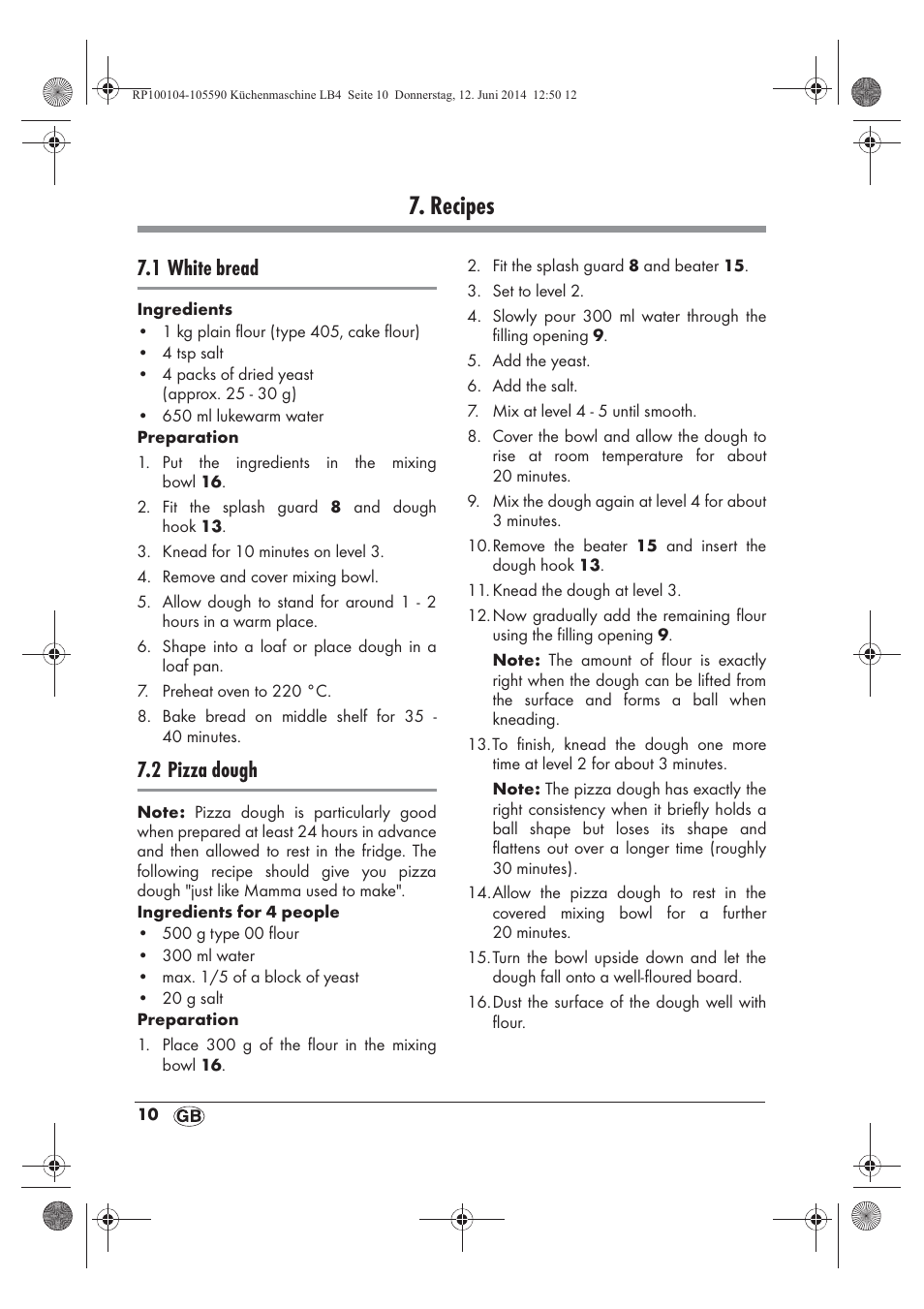 Recipes, 1 white bread, 2 pizza dough | Silvercrest SKMP 1200 A2 User Manual | Page 12 / 122