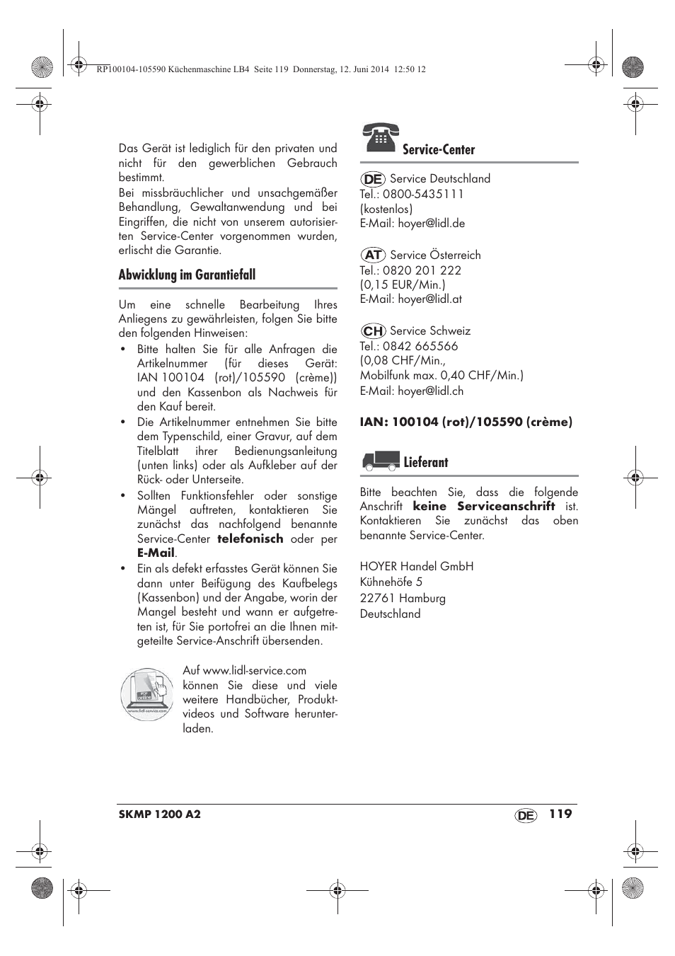 Abwicklung im garantiefall, Service-center, Lieferant | Silvercrest SKMP 1200 A2 User Manual | Page 121 / 122