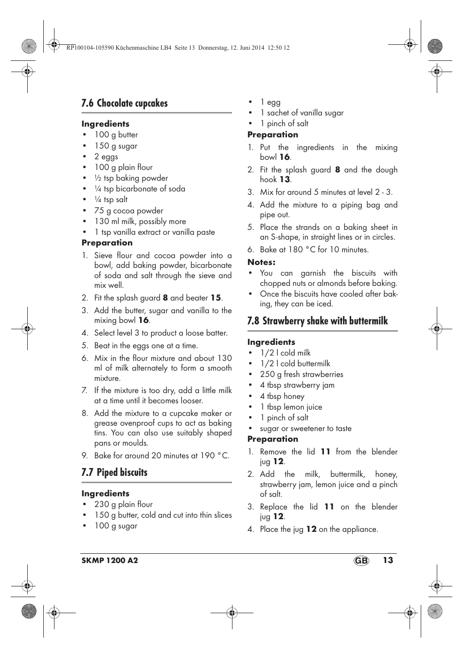 6 chocolate cupcakes, 7 piped biscuits, 8 strawberry shake with buttermilk | Silvercrest SKMP 1200 A2 User Manual | Page 15 / 122