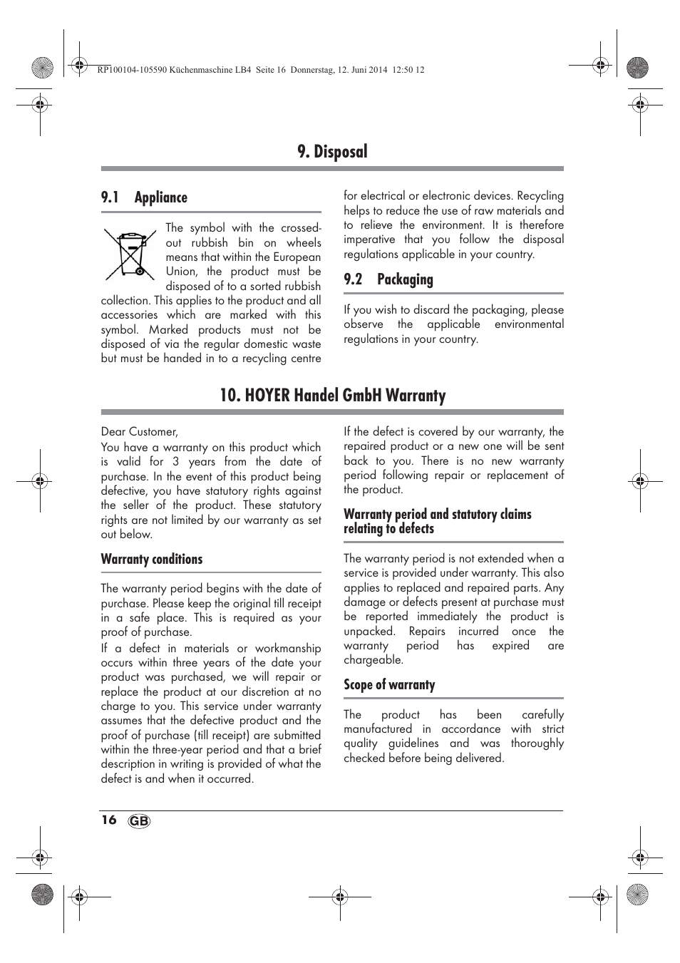 Disposal, Hoyer handel gmbh warranty | Silvercrest SKMP 1200 A2 User Manual | Page 18 / 122