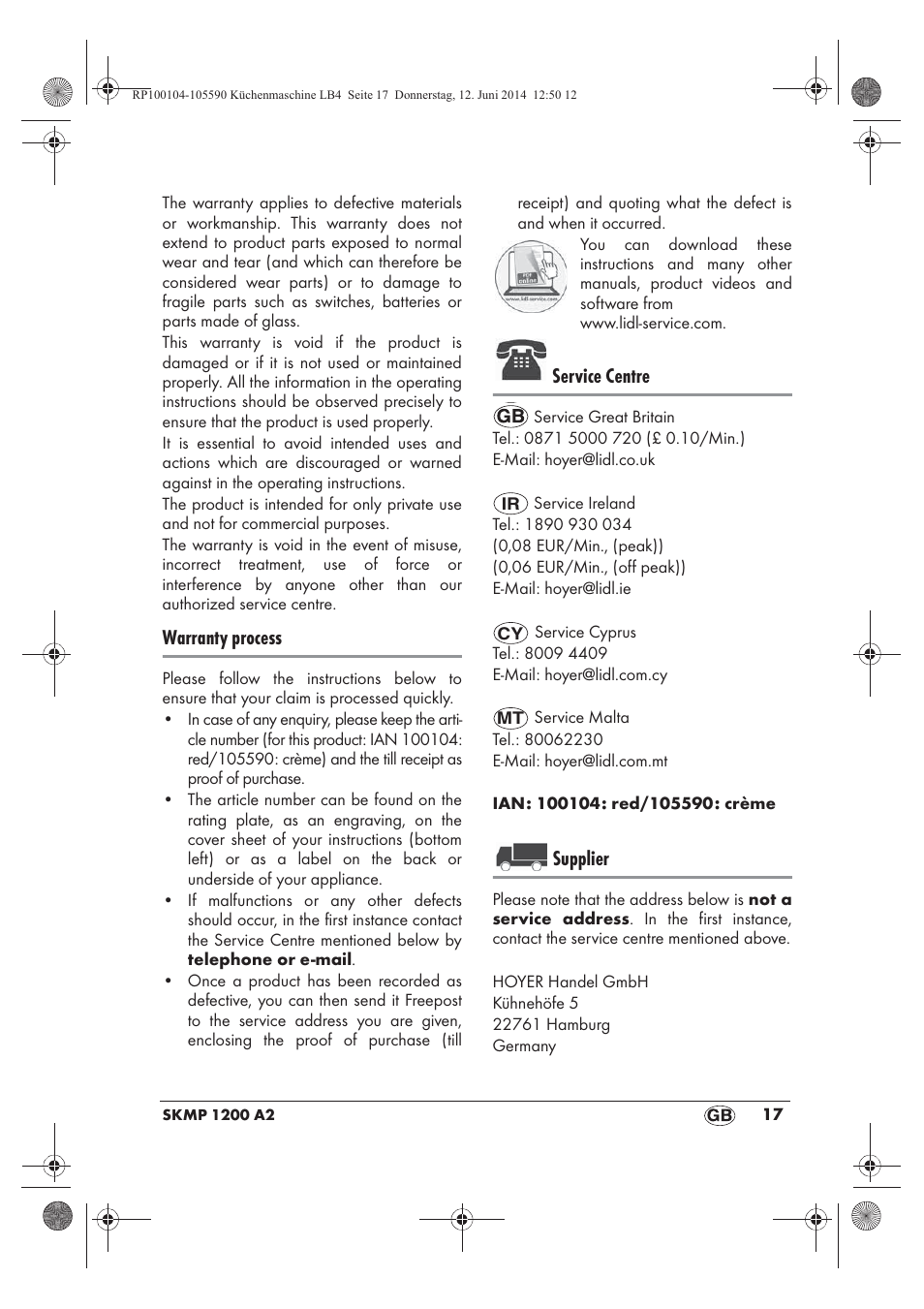 Warranty process, Service centre, Supplier | Silvercrest SKMP 1200 A2 User Manual | Page 19 / 122