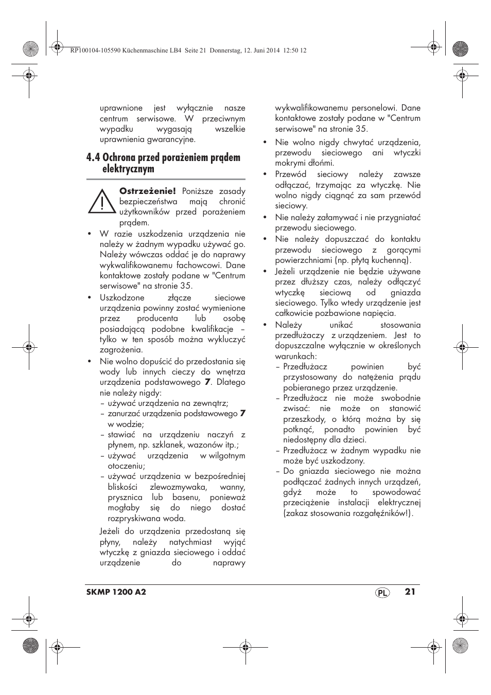 4 ochrona przed porażeniem prądem elektrycznym | Silvercrest SKMP 1200 A2 User Manual | Page 23 / 122