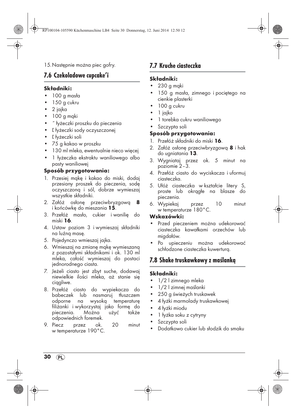 6 czekoladowe cupcake’i, 7 kruche ciasteczka, 8 shake truskawkowy z maślanką | Silvercrest SKMP 1200 A2 User Manual | Page 32 / 122