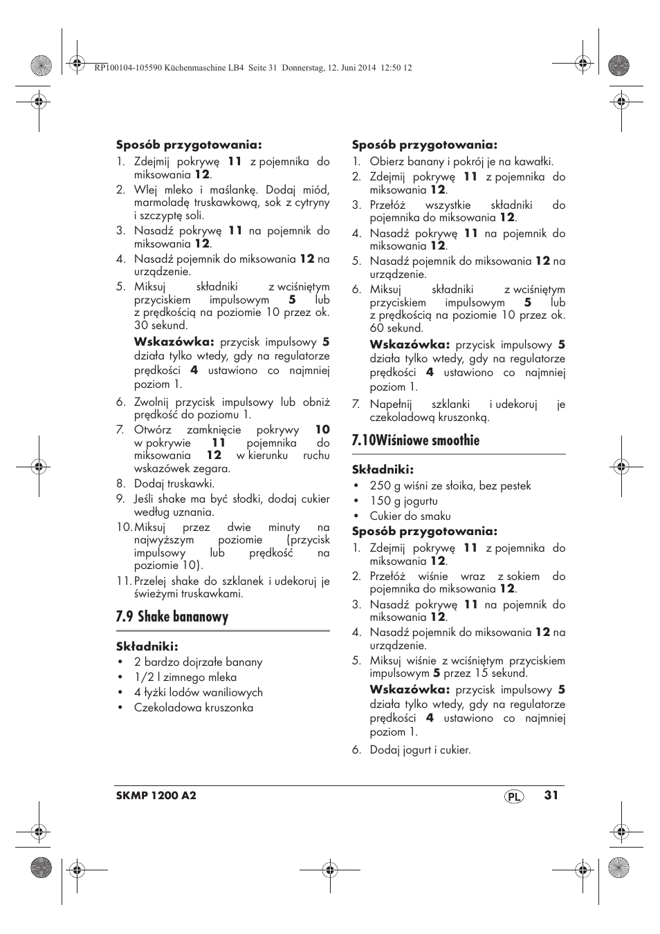 9 shake bananowy, 10wiśniowe smoothie | Silvercrest SKMP 1200 A2 User Manual | Page 33 / 122