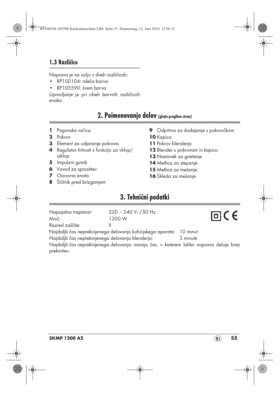 Poimenovanje delov, Tehnični podatki, 3 različice | Silvercrest SKMP 1200 A2 User Manual | Page 57 / 122