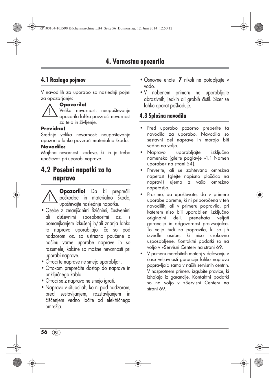 2 posebni napotki za to napravo, Varnostna opozorila | Silvercrest SKMP 1200 A2 User Manual | Page 58 / 122