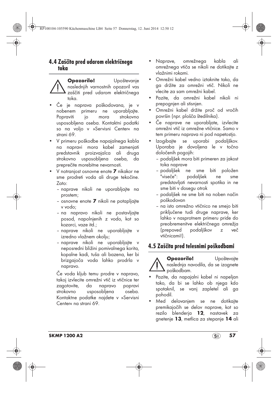 4 zaščita pred udarom električnega toka, 5 zaščita pred telesnimi poškodbami | Silvercrest SKMP 1200 A2 User Manual | Page 59 / 122