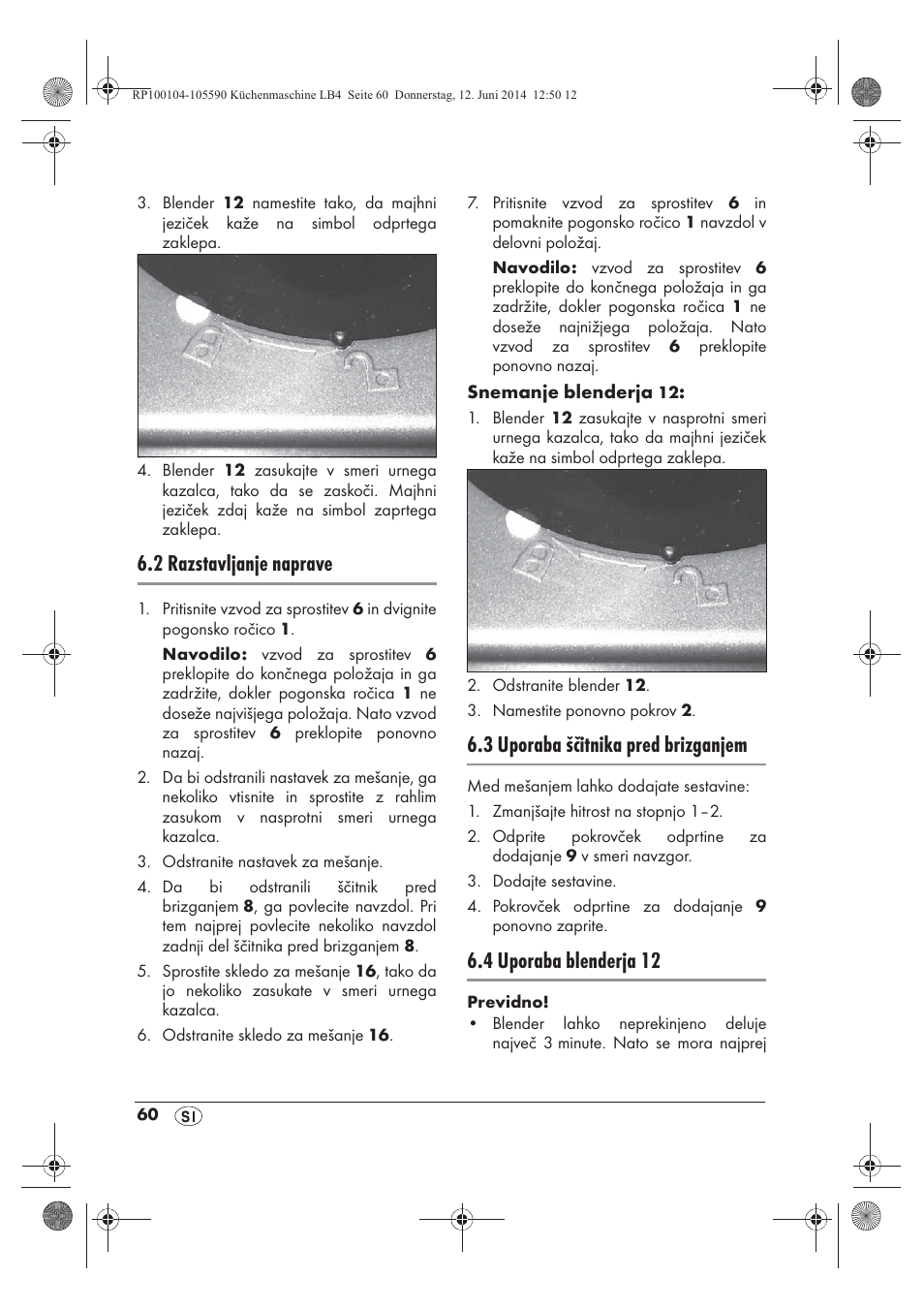 2 razstavljanje naprave, 3 uporaba ščitnika pred brizganjem, 4 uporaba blenderja 12 | Silvercrest SKMP 1200 A2 User Manual | Page 62 / 122