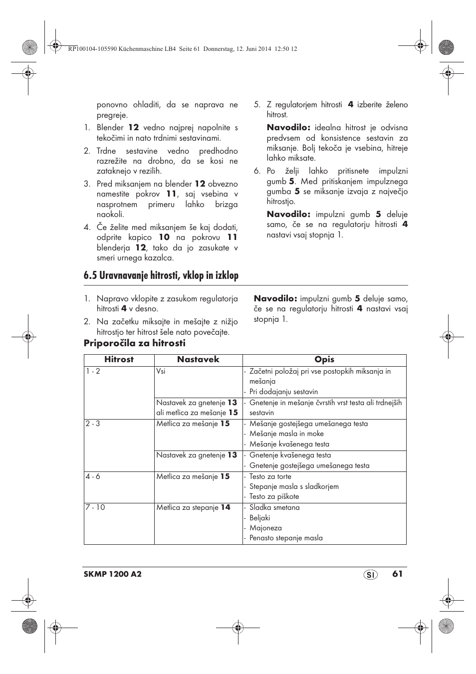 5 uravnavanje hitrosti, vklop in izklop | Silvercrest SKMP 1200 A2 User Manual | Page 63 / 122