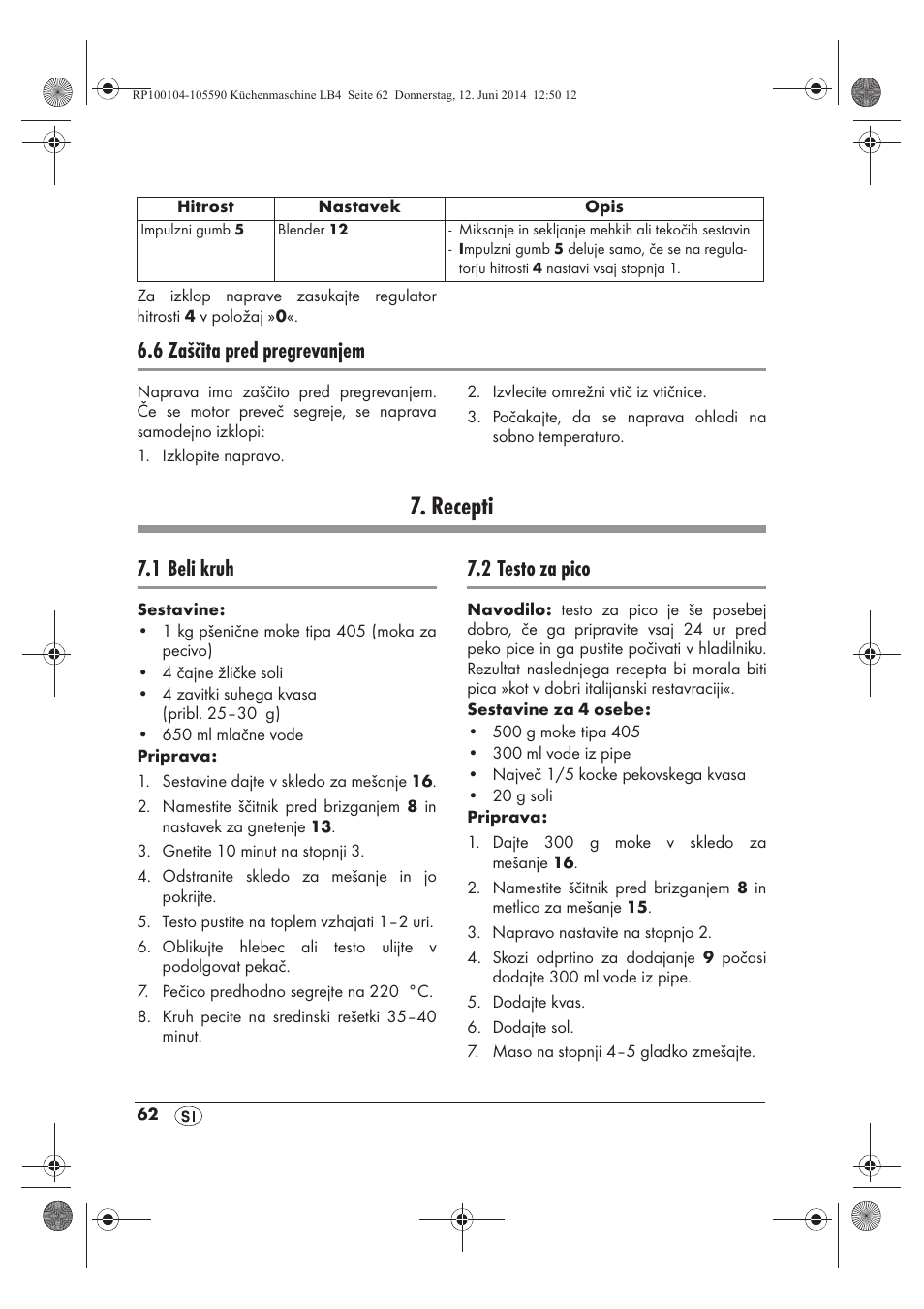 Recepti, 6 zaščita pred pregrevanjem, 1 beli kruh | 2 testo za pico | Silvercrest SKMP 1200 A2 User Manual | Page 64 / 122