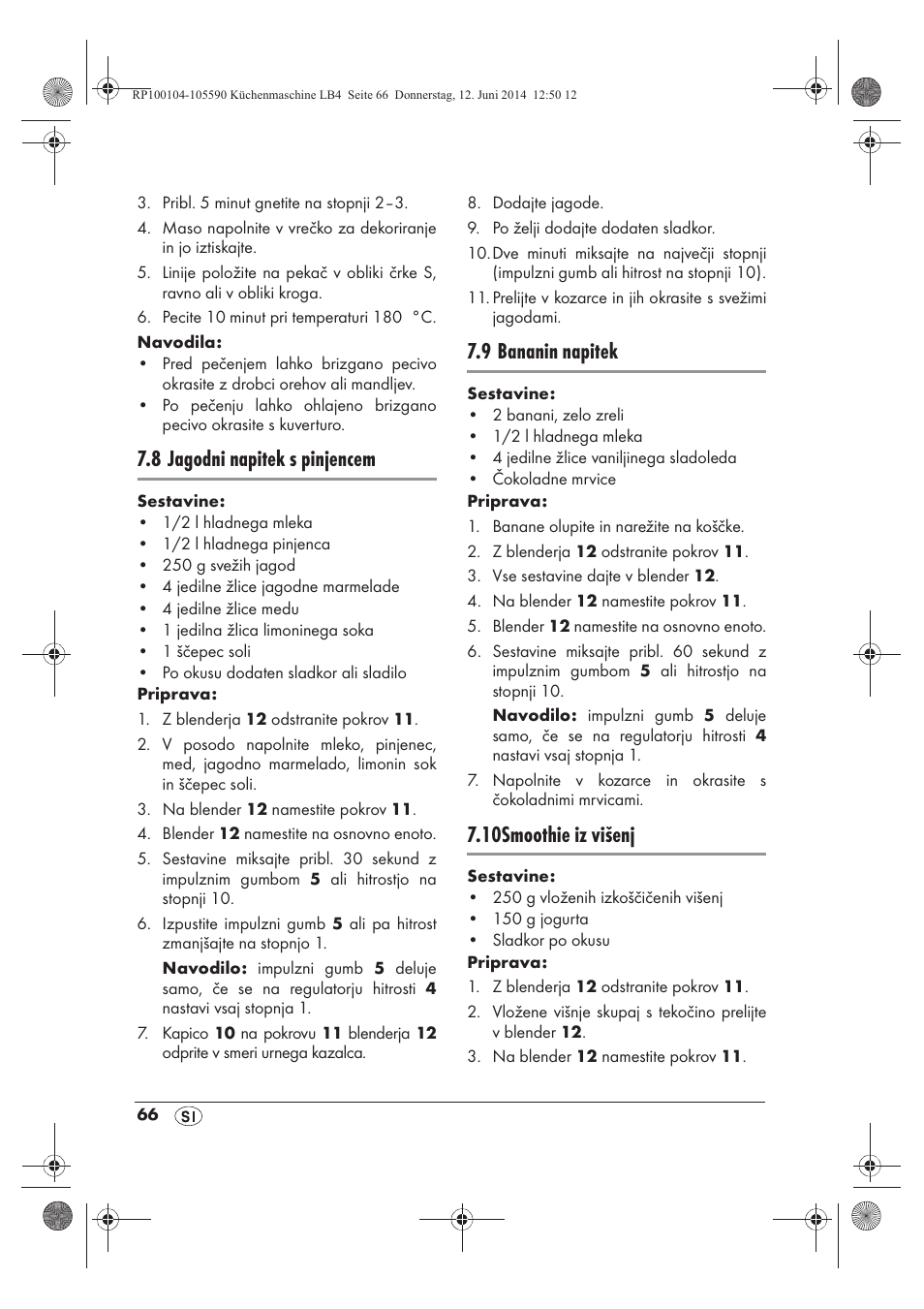 8 jagodni napitek s pinjencem, 9 bananin napitek, 10smoothie iz višenj | Silvercrest SKMP 1200 A2 User Manual | Page 68 / 122