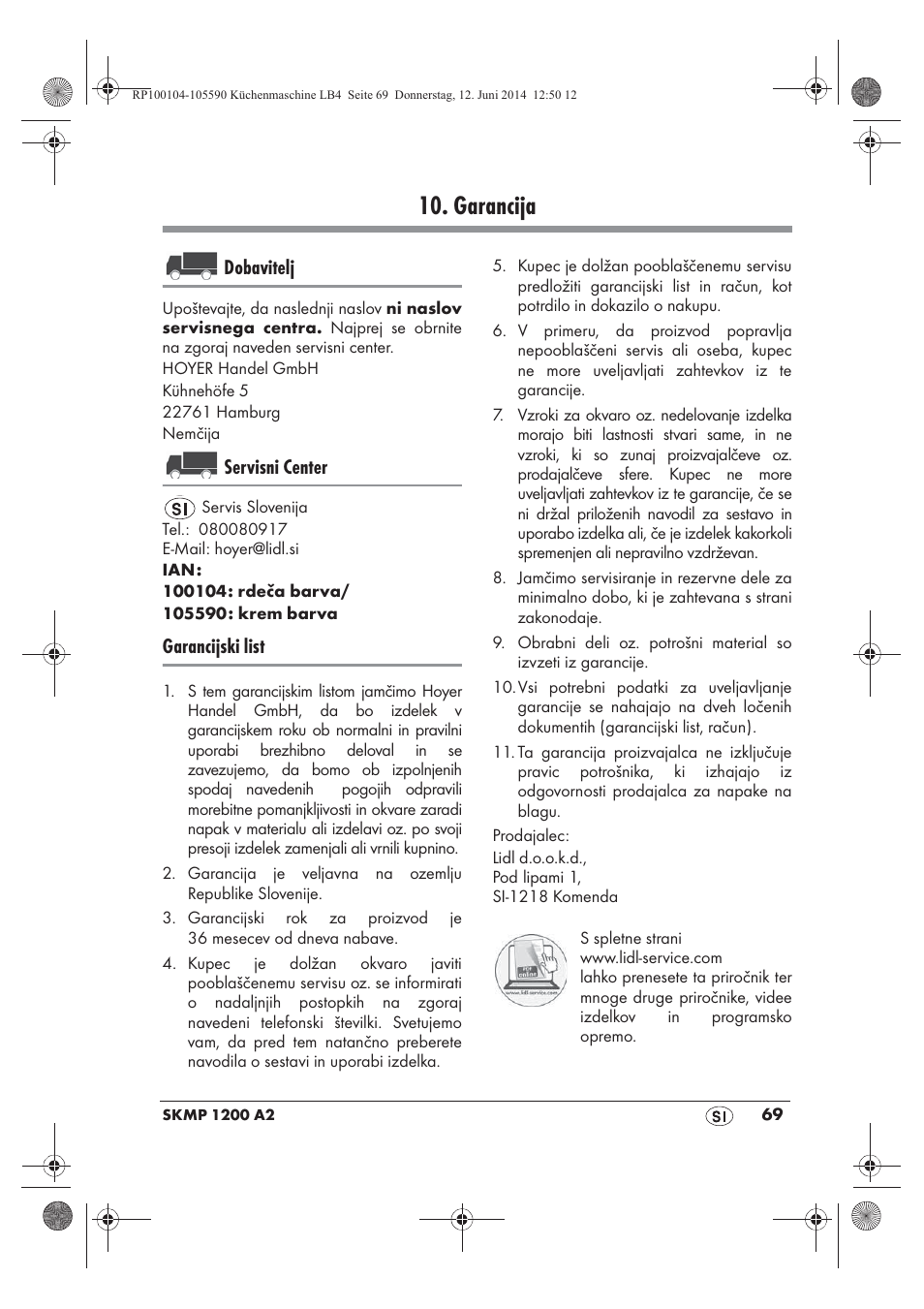 Garancija, Dobavitelj, Servisni center | Garancijski list | Silvercrest SKMP 1200 A2 User Manual | Page 71 / 122