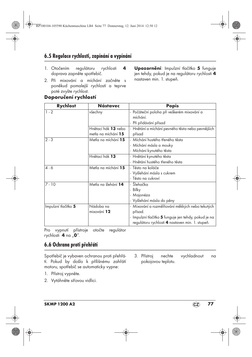 5 regulace rychlosti, zapínání a vypínání, 6 ochrana proti přehřátí | Silvercrest SKMP 1200 A2 User Manual | Page 79 / 122