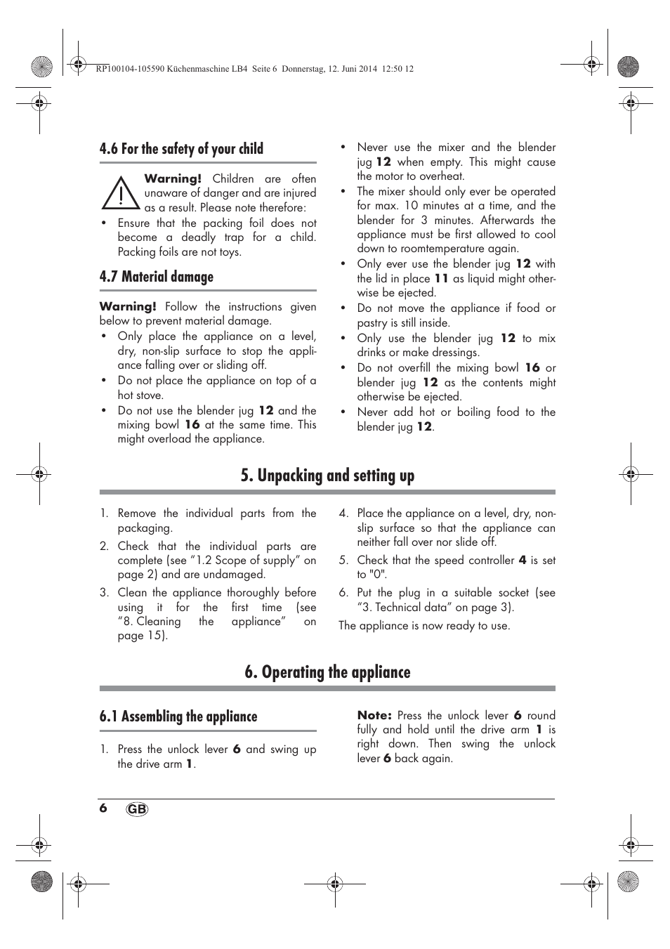 Unpacking and setting up, Operating the appliance, 6 for the safety of your child | 7 material damage, 1 assembling the appliance | Silvercrest SKMP 1200 A2 User Manual | Page 8 / 122