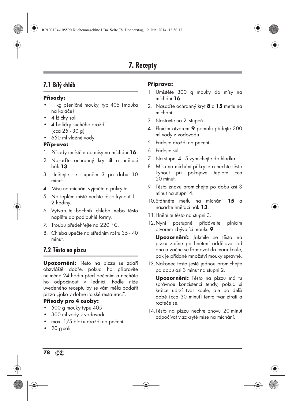 Recepty, 1 bílý chléb, 2 těsto na pizzu | Silvercrest SKMP 1200 A2 User Manual | Page 80 / 122