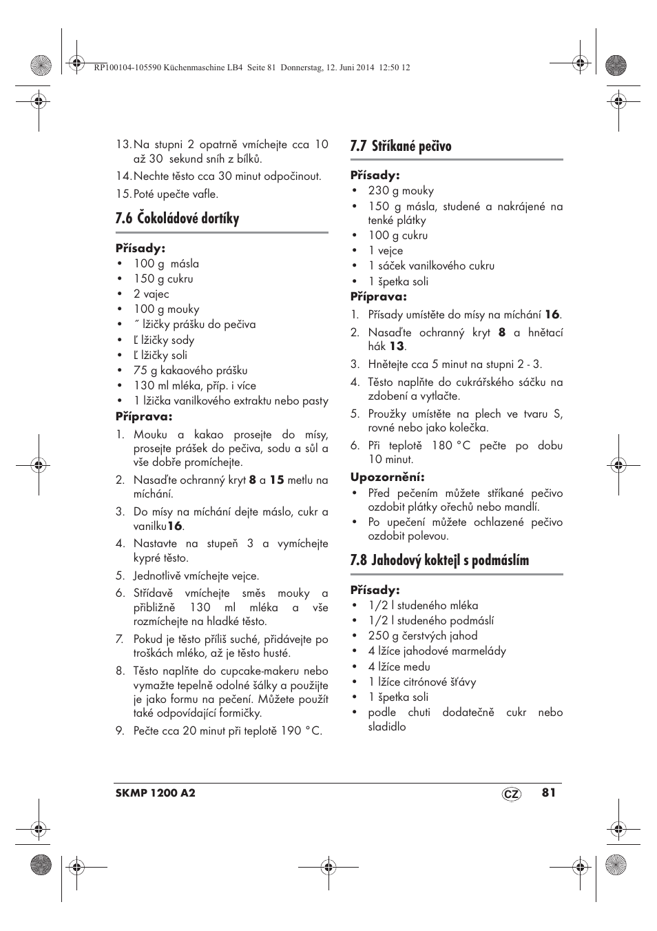 6 čokoládové dortíky, 7 stříkané pečivo, 8 jahodový koktejl s podmáslím | Silvercrest SKMP 1200 A2 User Manual | Page 83 / 122