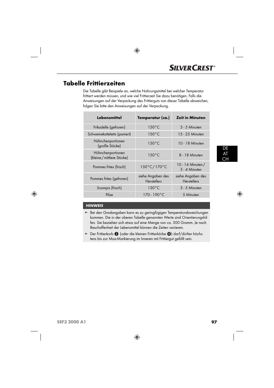 Tabelle frittierzeiten, De at ch | Silvercrest SEF3 2000 A1 User Manual | Page 100 / 104