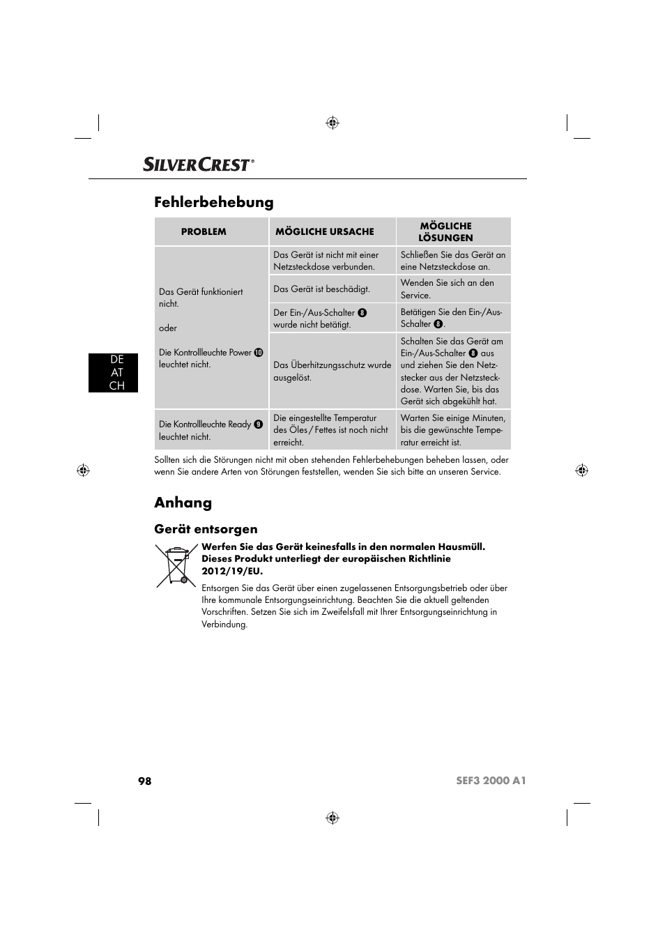 Fehlerbehebung, Anhang, Gerät entsorgen | De at ch | Silvercrest SEF3 2000 A1 User Manual | Page 101 / 104