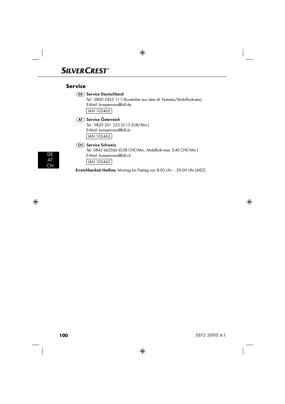 Service, De at ch | Silvercrest SEF3 2000 A1 User Manual | Page 103 / 104