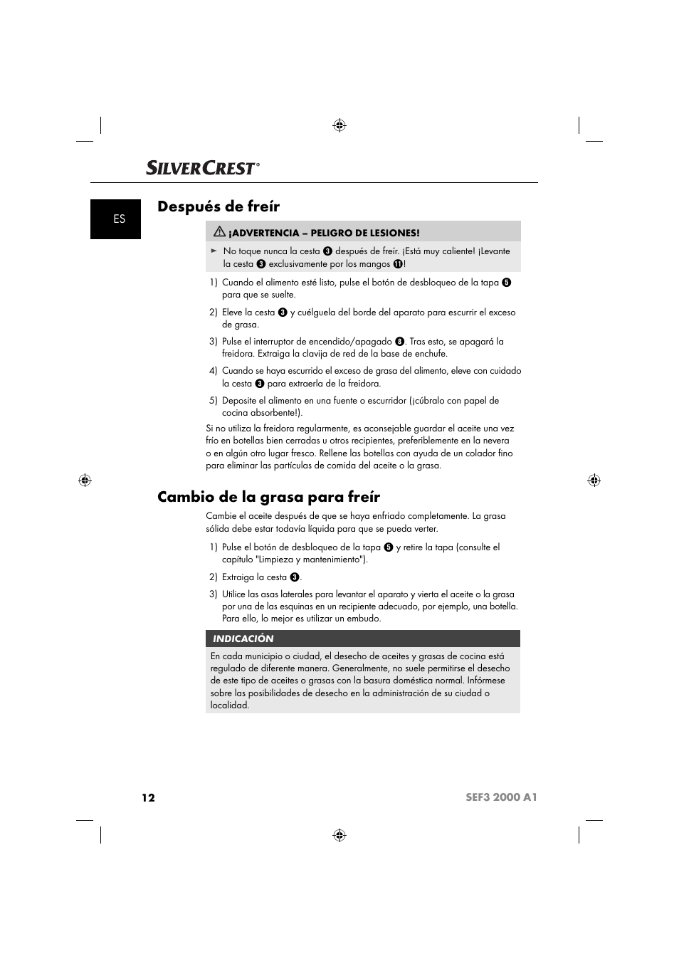 Después de freír, Cambio de la grasa para freír | Silvercrest SEF3 2000 A1 User Manual | Page 15 / 104