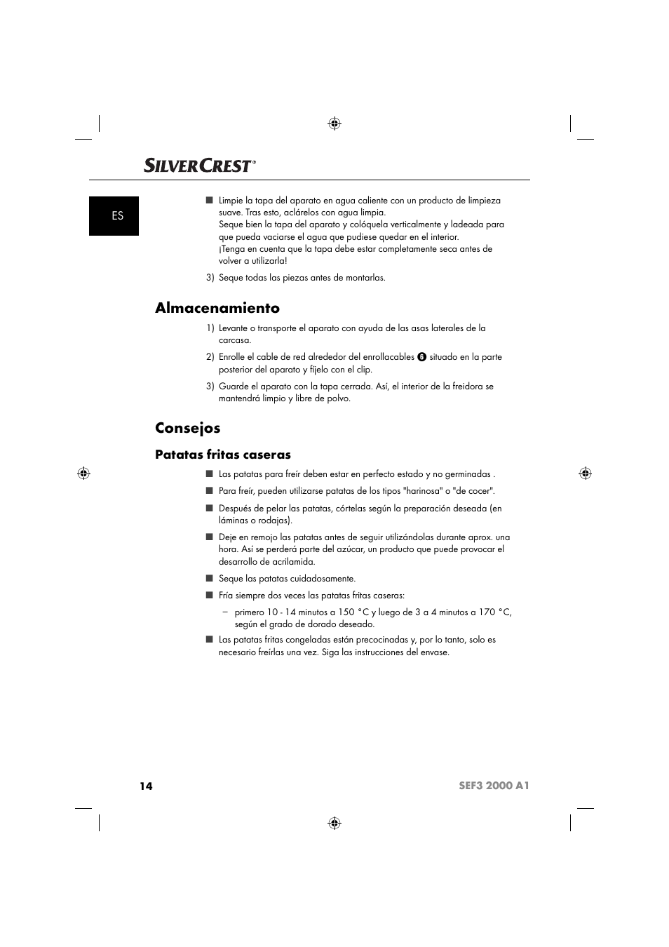 Almacenamiento, Consejos, Patatas fritas caseras | Silvercrest SEF3 2000 A1 User Manual | Page 17 / 104