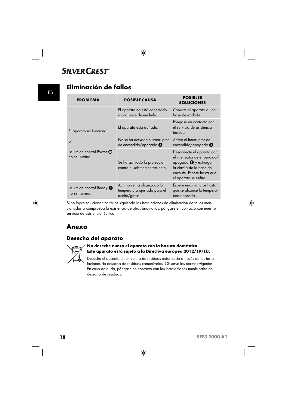 Eliminación de fallos, Anexo, Desecho del aparato | Silvercrest SEF3 2000 A1 User Manual | Page 21 / 104