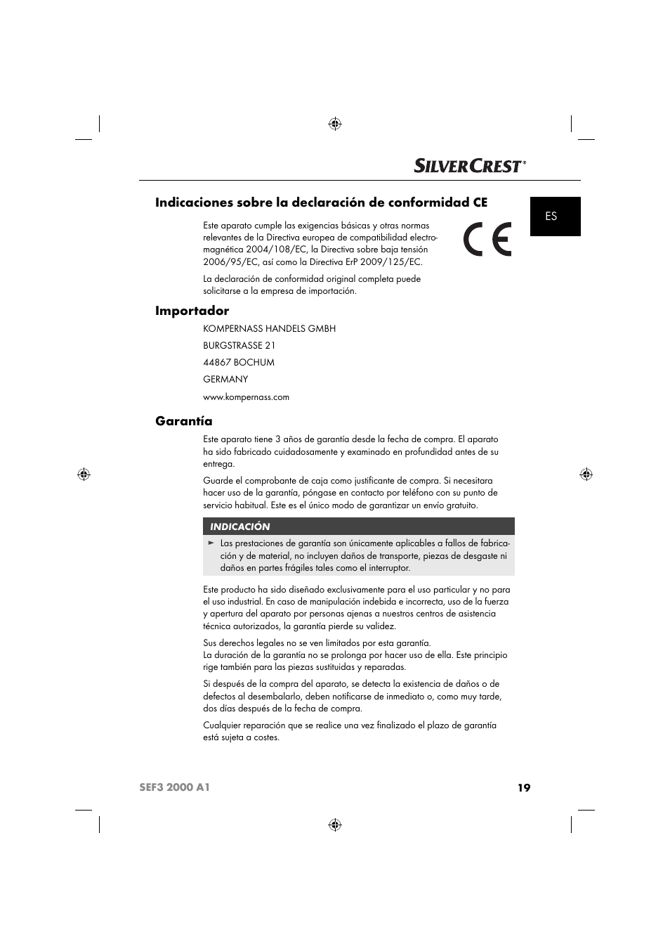 Importador, Garantía | Silvercrest SEF3 2000 A1 User Manual | Page 22 / 104