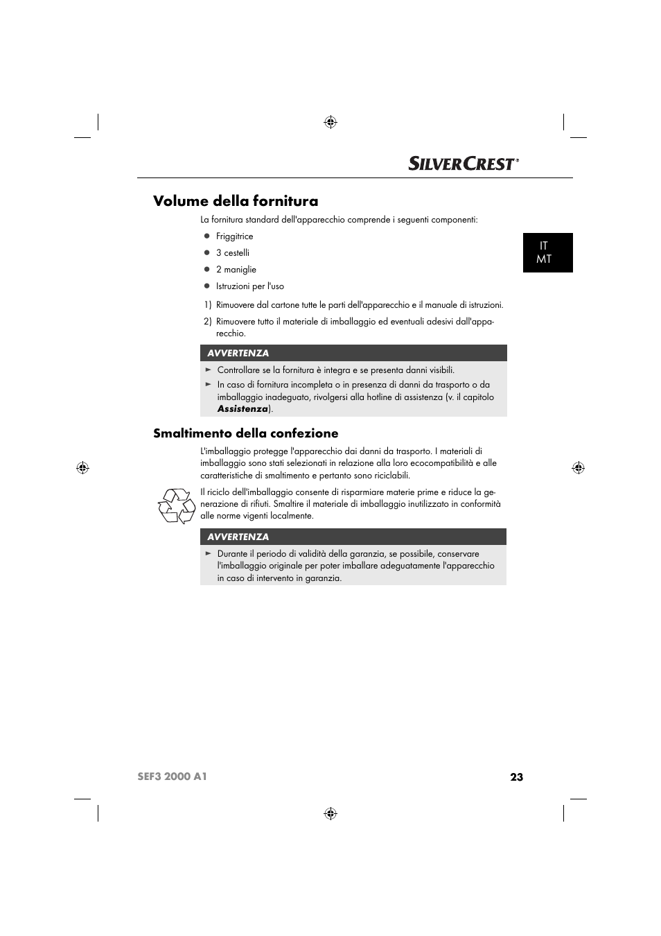 Volume della fornitura, Smaltimento della confezione, It mt | Silvercrest SEF3 2000 A1 User Manual | Page 26 / 104