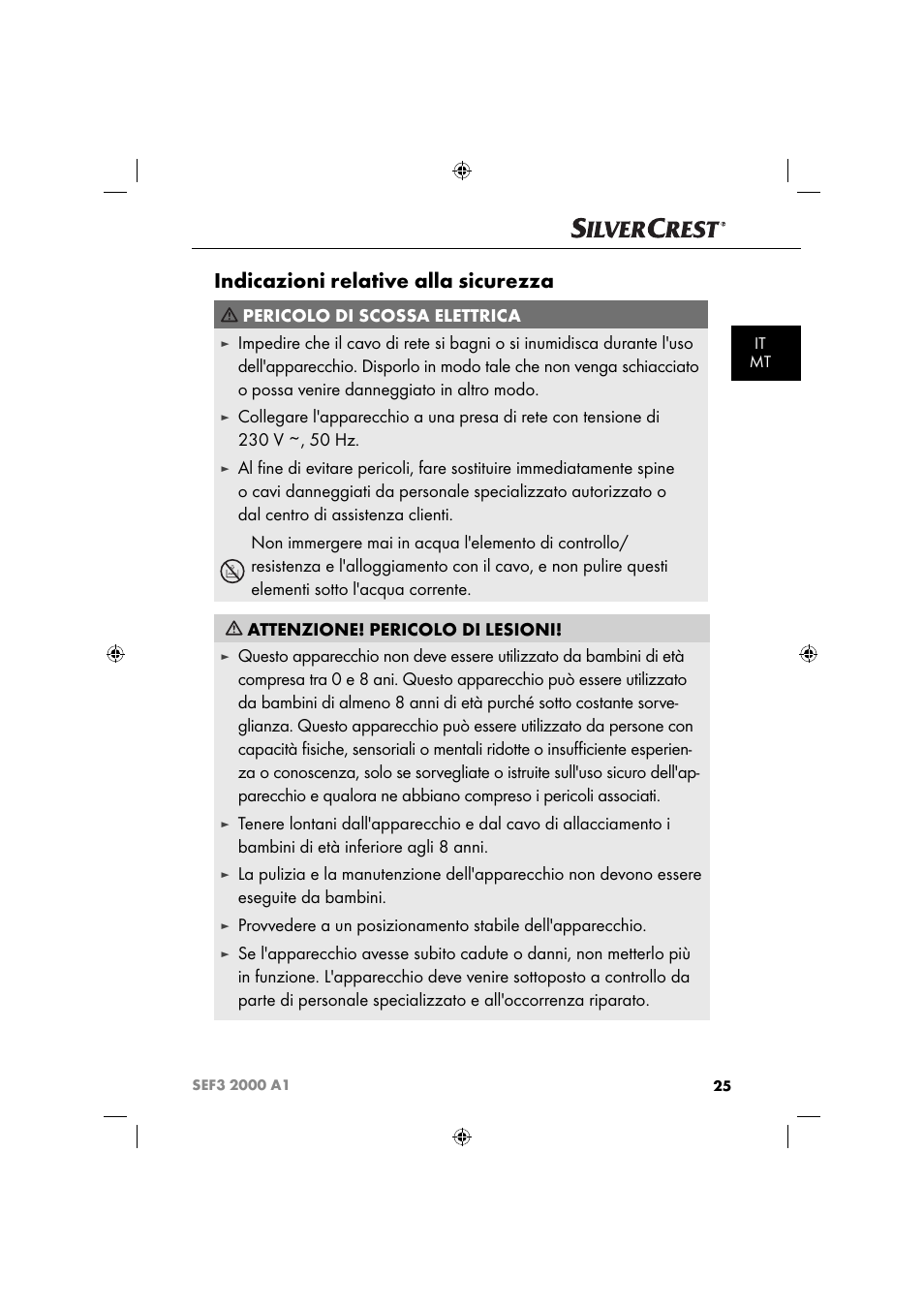 Indicazioni relative alla sicurezza, Pericolo di scossa elettrica | Silvercrest SEF3 2000 A1 User Manual | Page 28 / 104