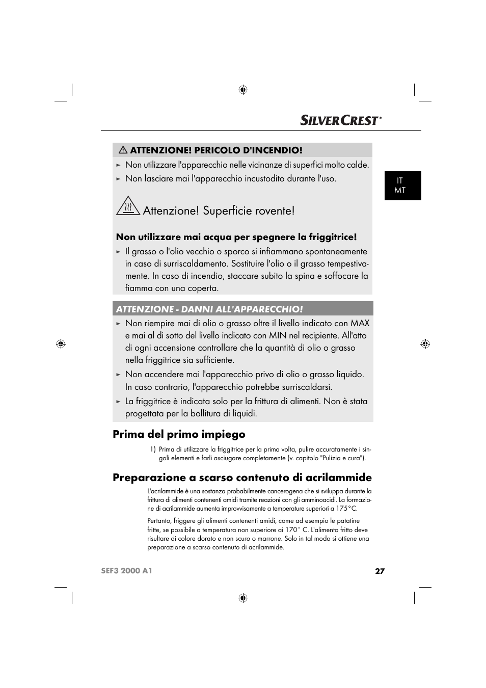 Attenzione! superﬁ cie rovente, Prima del primo impiego, Preparazione a scarso contenuto di acrilammide | Attenzione! pericolo d'incendio | Silvercrest SEF3 2000 A1 User Manual | Page 30 / 104