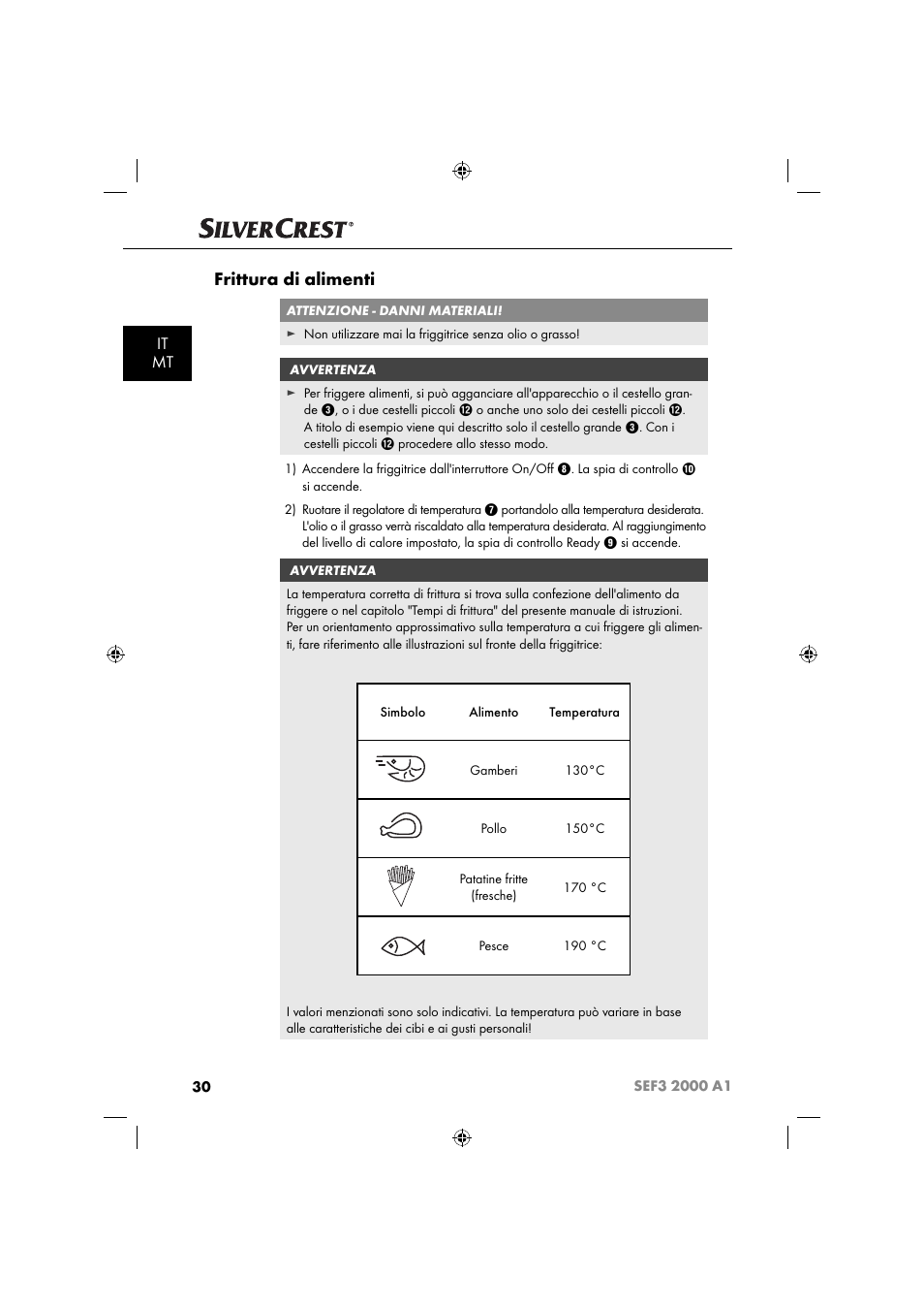 Frittura di alimenti, It mt | Silvercrest SEF3 2000 A1 User Manual | Page 33 / 104