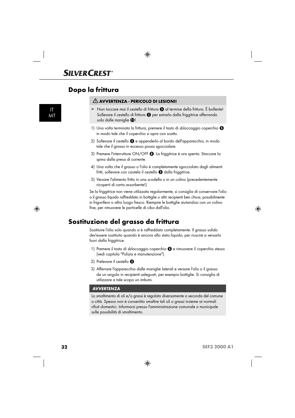 Dopo la frittura, Sostituzione del grasso da frittura, It mt | Silvercrest SEF3 2000 A1 User Manual | Page 35 / 104