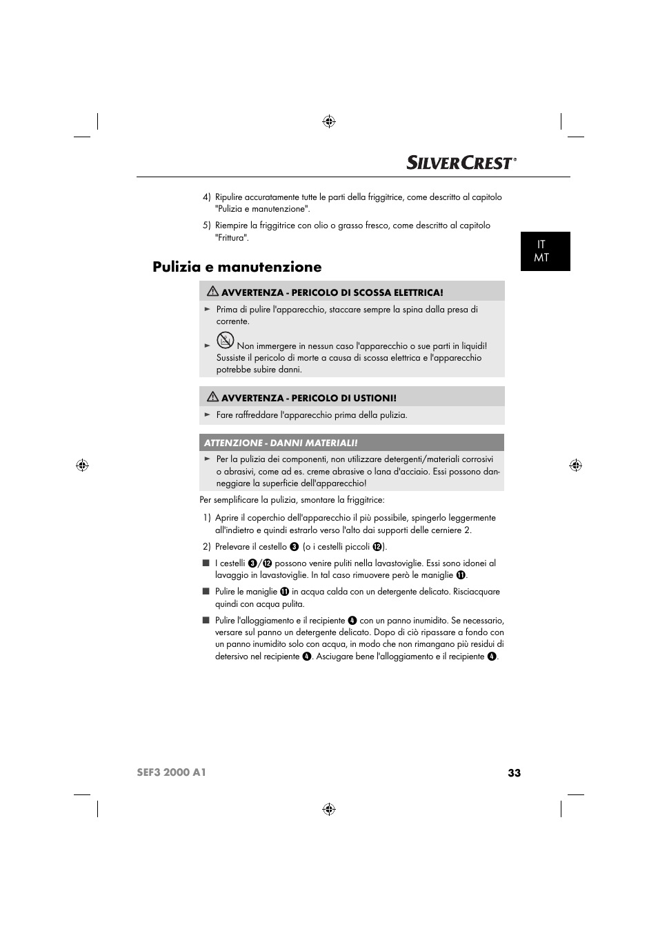 Pulizia e manutenzione, It mt | Silvercrest SEF3 2000 A1 User Manual | Page 36 / 104