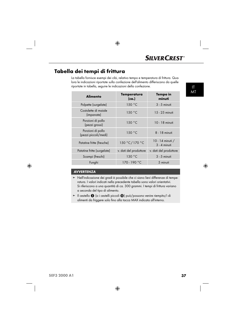 Tabella dei tempi di frittura, It mt | Silvercrest SEF3 2000 A1 User Manual | Page 40 / 104