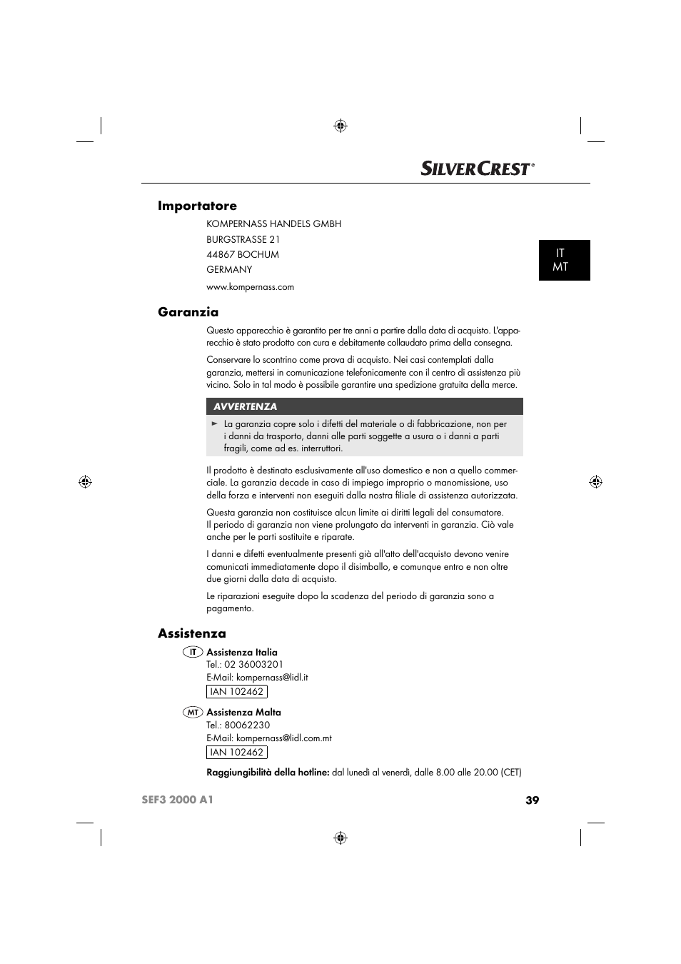 Importatore, Garanzia, Assistenza | It mt | Silvercrest SEF3 2000 A1 User Manual | Page 42 / 104