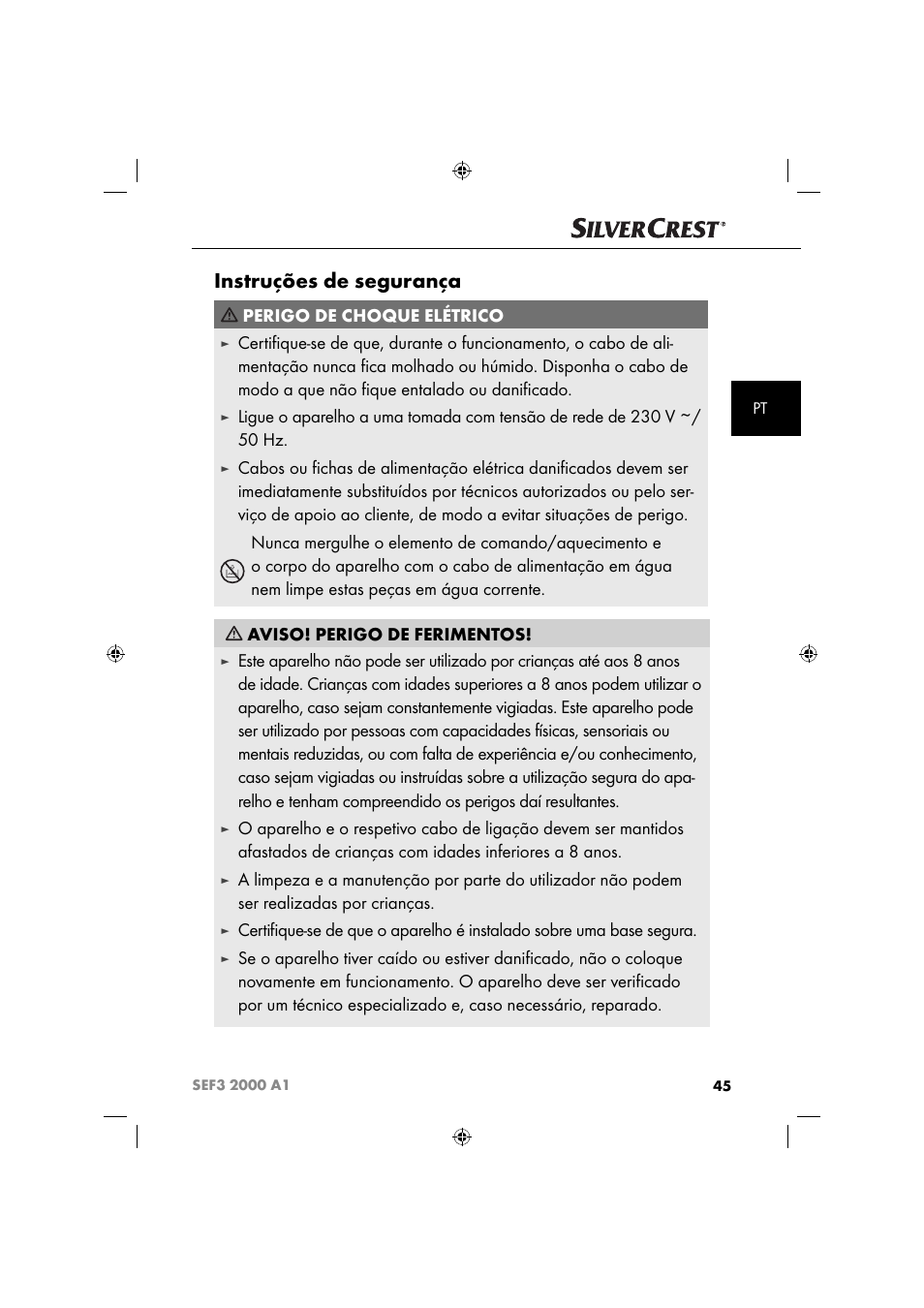 Instruções de segurança, Perigo de choque elétrico | Silvercrest SEF3 2000 A1 User Manual | Page 48 / 104