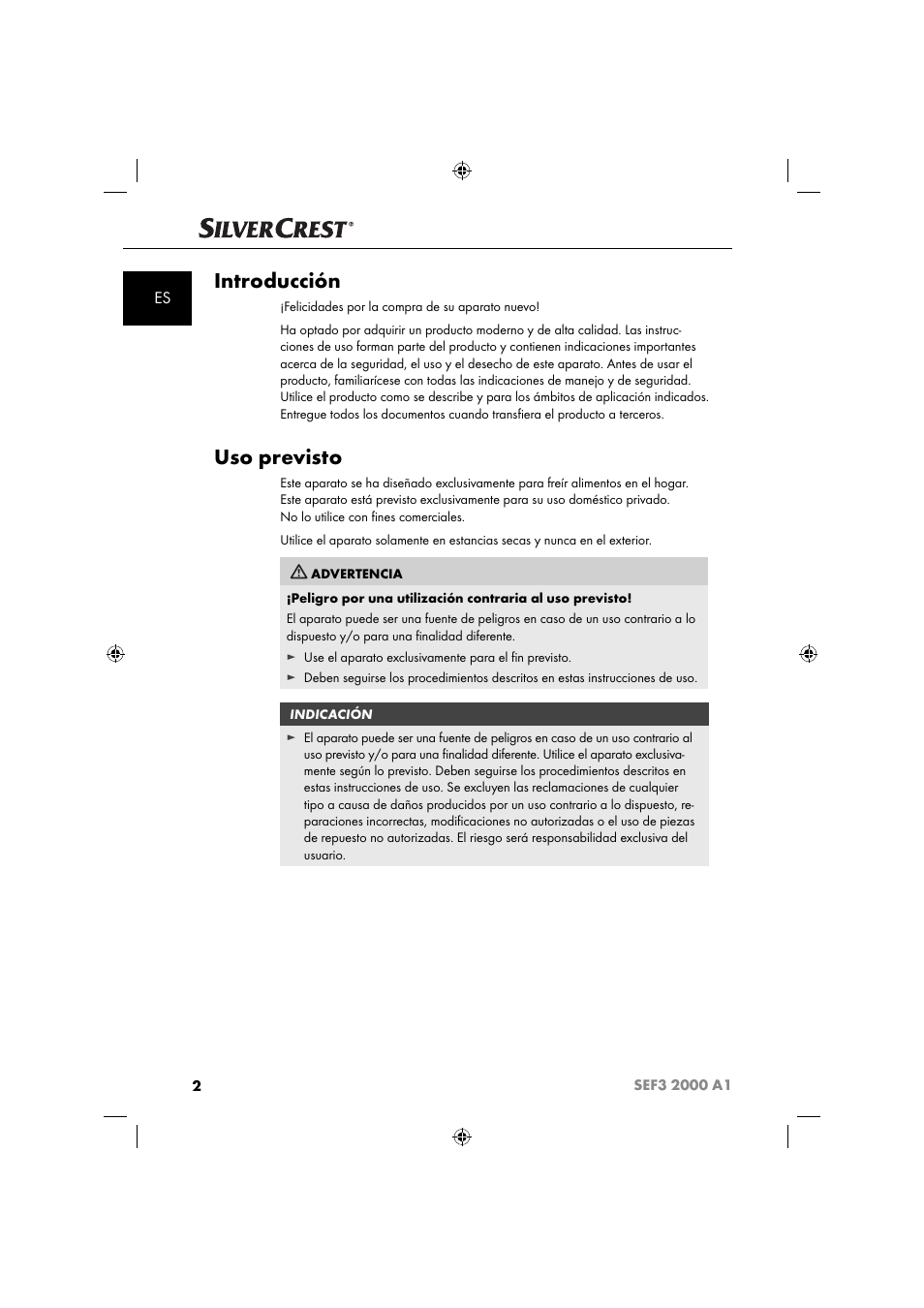 Introducción, Uso previsto | Silvercrest SEF3 2000 A1 User Manual | Page 5 / 104