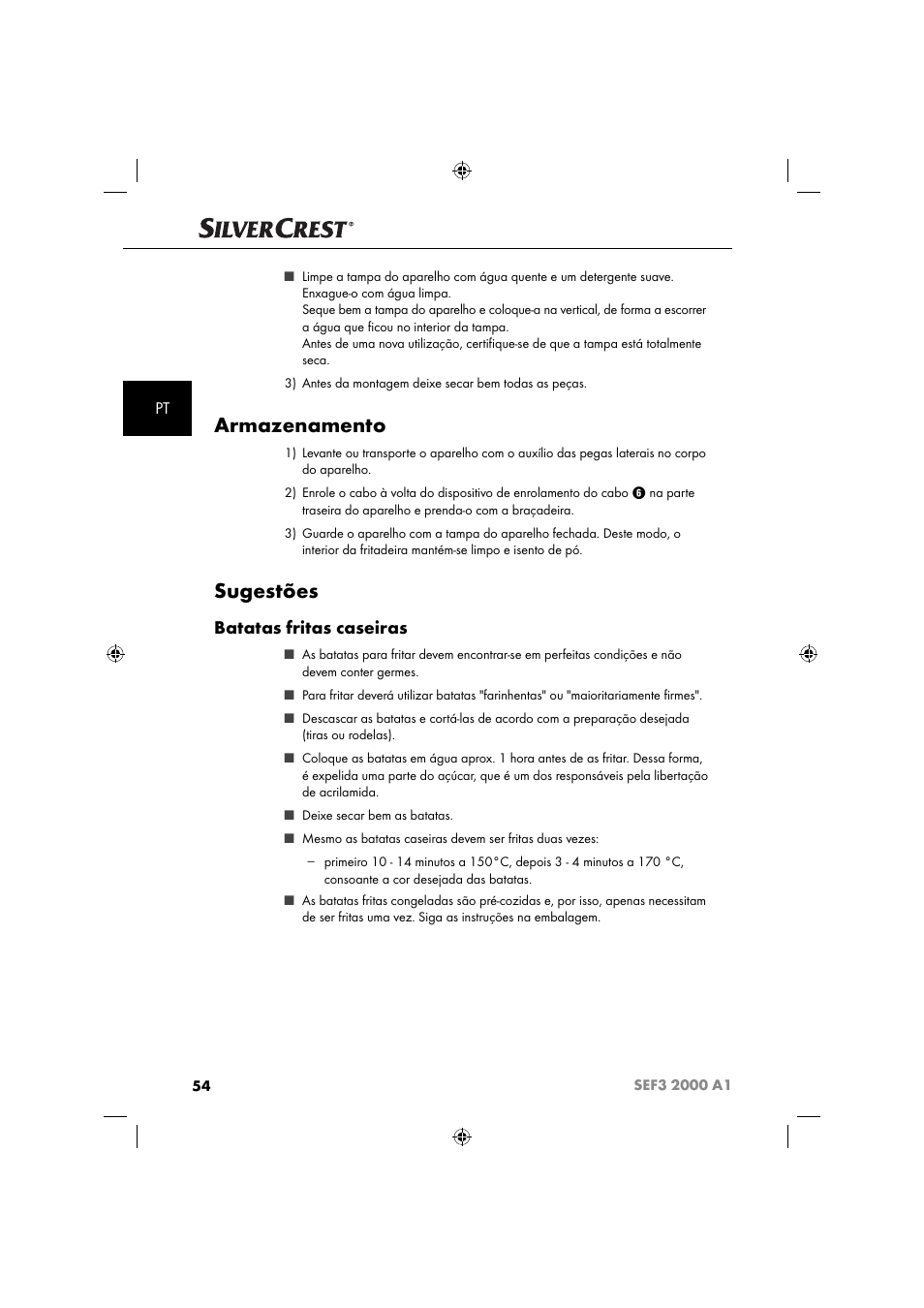 Armazenamento, Sugestões, Batatas fritas caseiras | Silvercrest SEF3 2000 A1 User Manual | Page 57 / 104