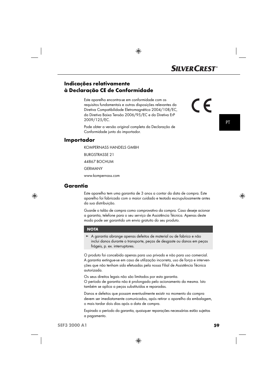 Importador, Garantia | Silvercrest SEF3 2000 A1 User Manual | Page 62 / 104