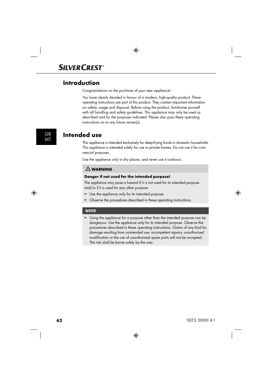 Introduction, Intended use, Gb mt | Silvercrest SEF3 2000 A1 User Manual | Page 65 / 104