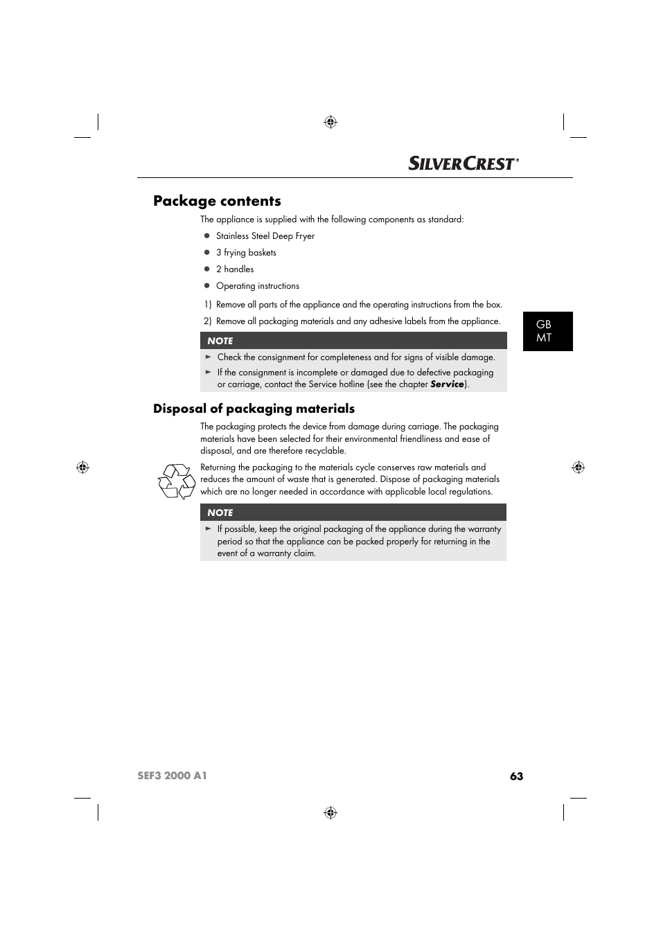 Package contents, Disposal of packaging materials, Gb mt | Silvercrest SEF3 2000 A1 User Manual | Page 66 / 104